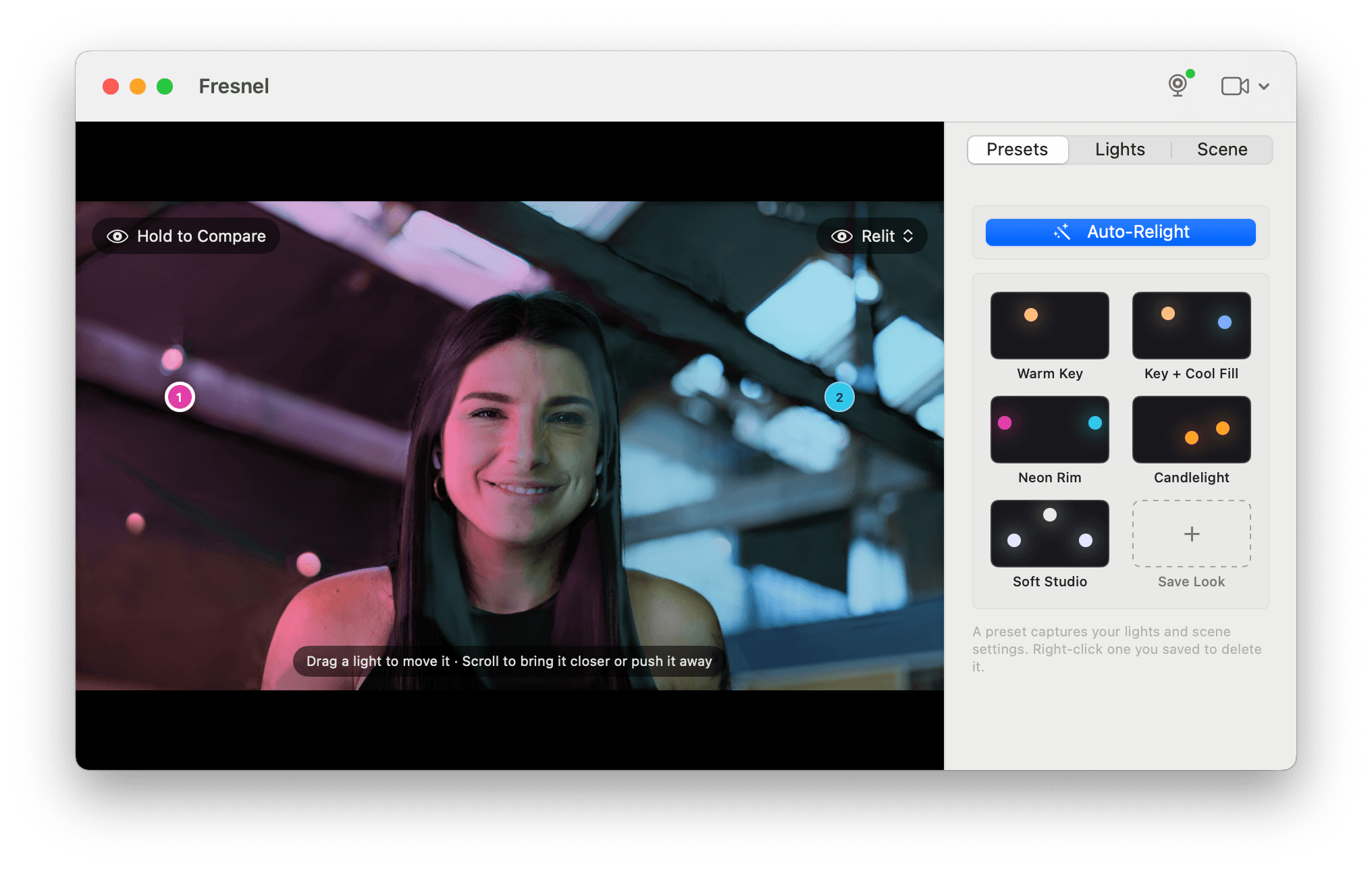 Fresnel window showing a relit webcam feed with two draggable lights and a preset panel